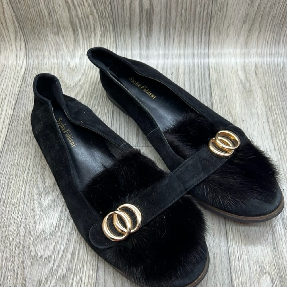 Sasha Fabiani Black Loafers with Gold Rings